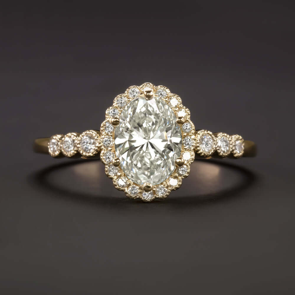 1.18ct OVAL SHAPE CUT DIAMOND ENGAGEMENT RING HALO YELLOW GOLD VINTAGE 1 CARAT