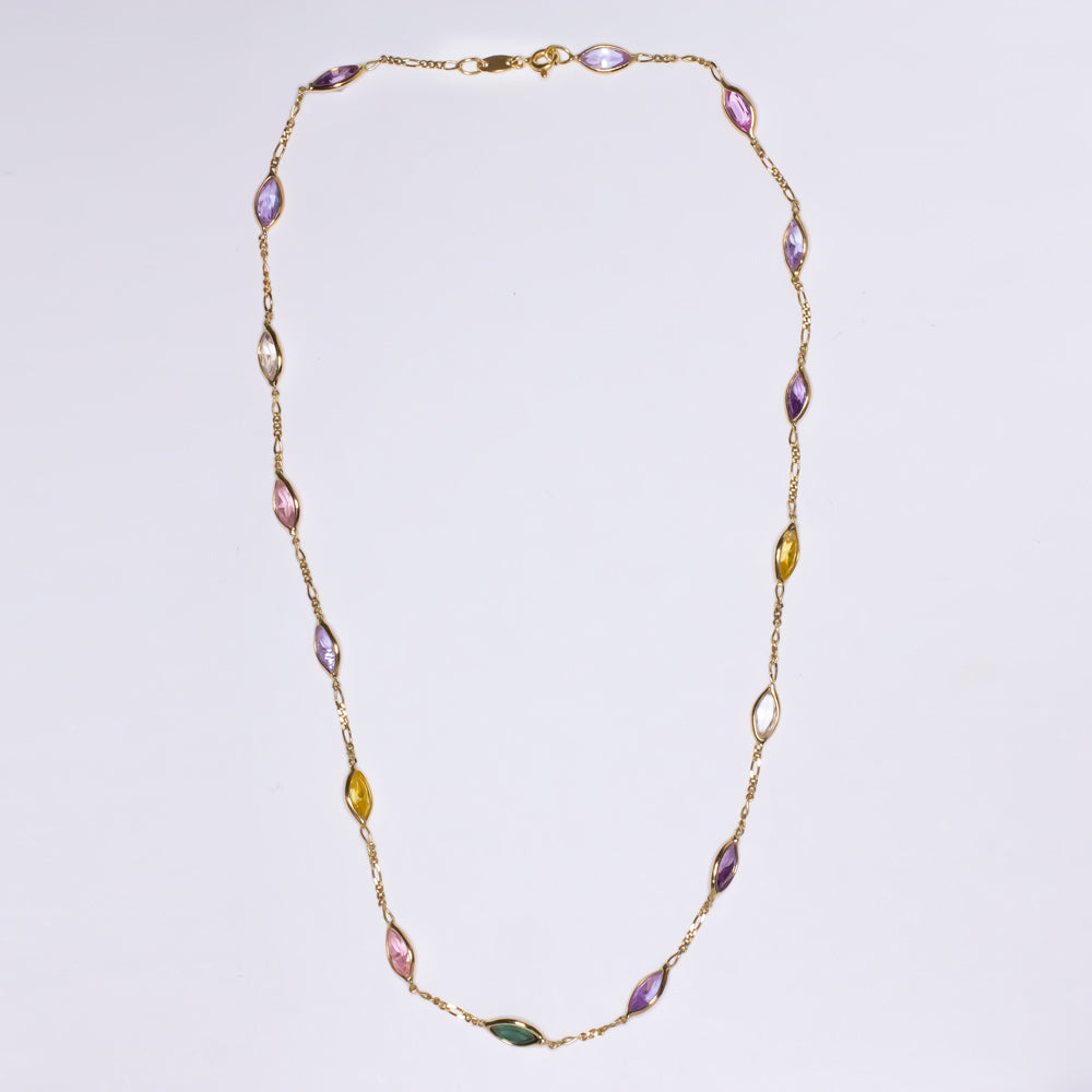 SAPPHIRE STATION NECKLACE 18k YELLOW GOLD 16in GEMSTONE CHAIN RAINBOW MARQUISE