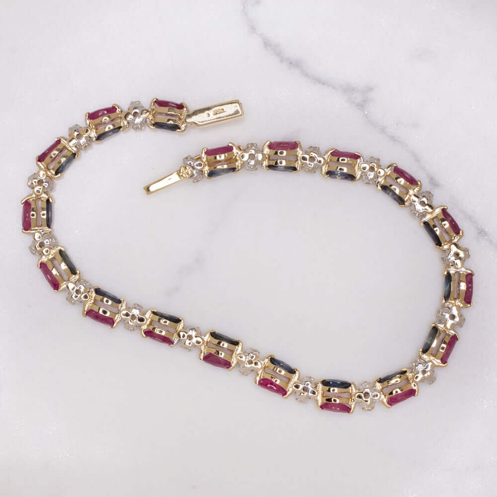 5.90ct REVERSIBLE SAPPHIRE RUBY DIAMOND TENNIS BRACELET YELLOW GOLD ANNIVERSARY Ivy & Rose