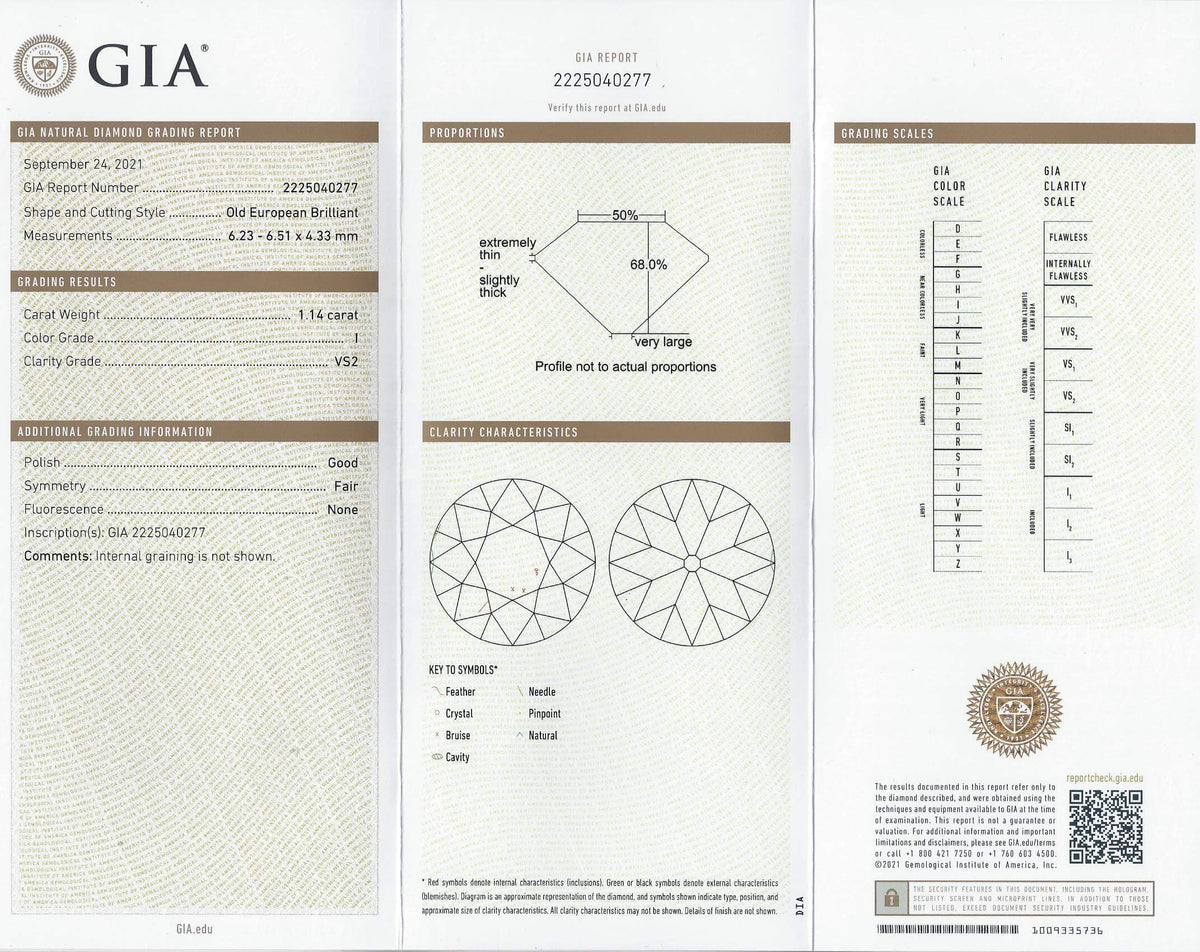 2.21c GIA CERTIFIED H-I VS OLD EUROPEAN CUT DIAMOND STUD EARRINGS VINTAGE 2.25ct