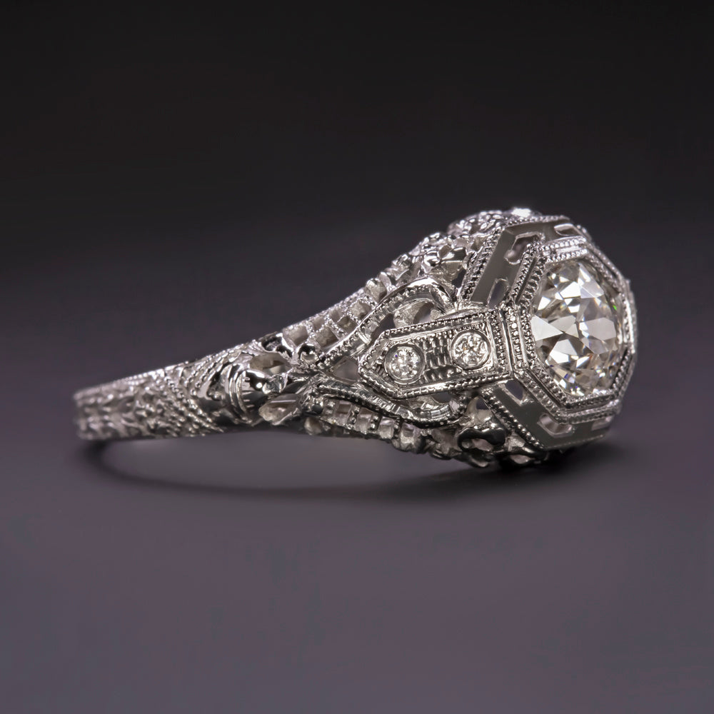 VINTAGE G-H VS1 DIAMOND ENGAGEMENT RING 18k WHITE GOLD FILIGREE ART DECO 1920 Ivy & Rose