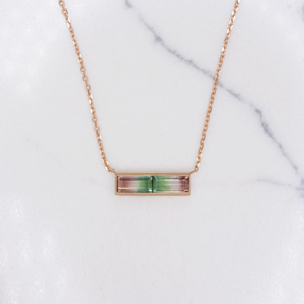NATURAL WATERMELON TOURMALINE BAR NECKLACE ROSE GOLD PENDANT EAST WEST DAINTY