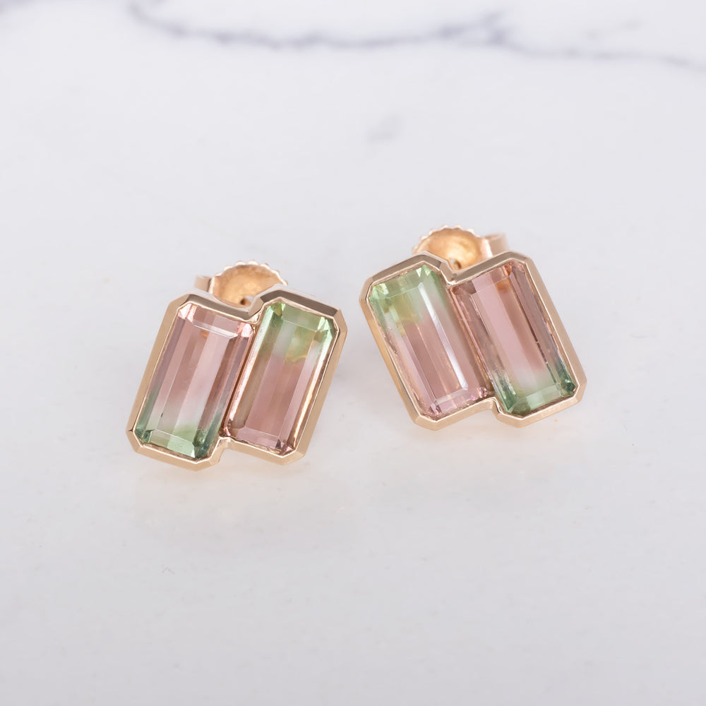 NATURAL WATERMELON TOURMALINE STUD EARRINGS 14k ROSE GOLD MINIMALIST BEZEL SET Ivy & Rose