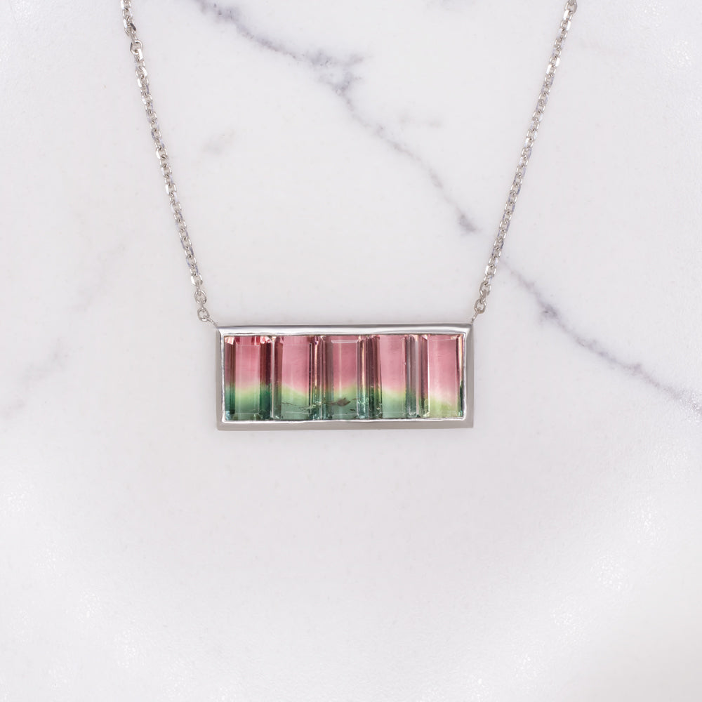 NATURAL WATERMELON TOURMALINE BAR NECKLACE WHITE GOLD PENDANT EAST WEST MOUNTAIN Ivy & Rose