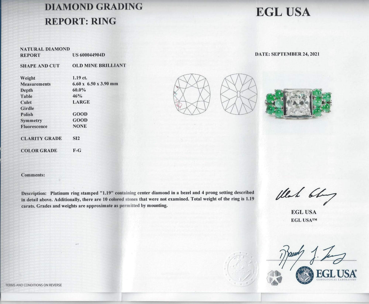 1.19ct CERTIFIED OLD MINE CUT DIAMOND ENGAGEMENT RING EMERALD PLATINUM VINTAGE