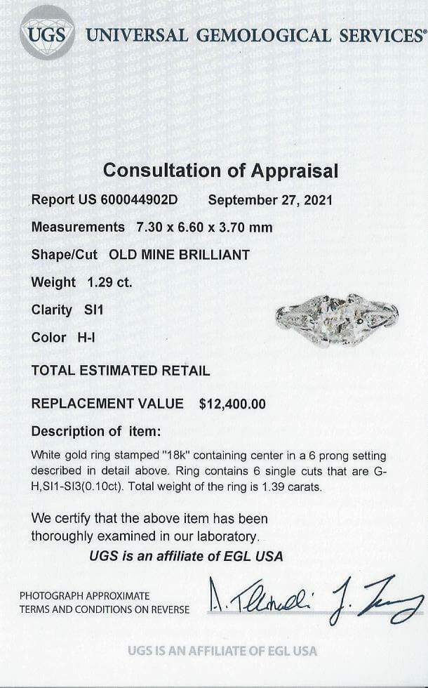 1.39c CERTIFIED H-I SI1 OLD MINE CUT DIAMOND ENGAGEMENT RING 18k VINTAGE ANTIQUE