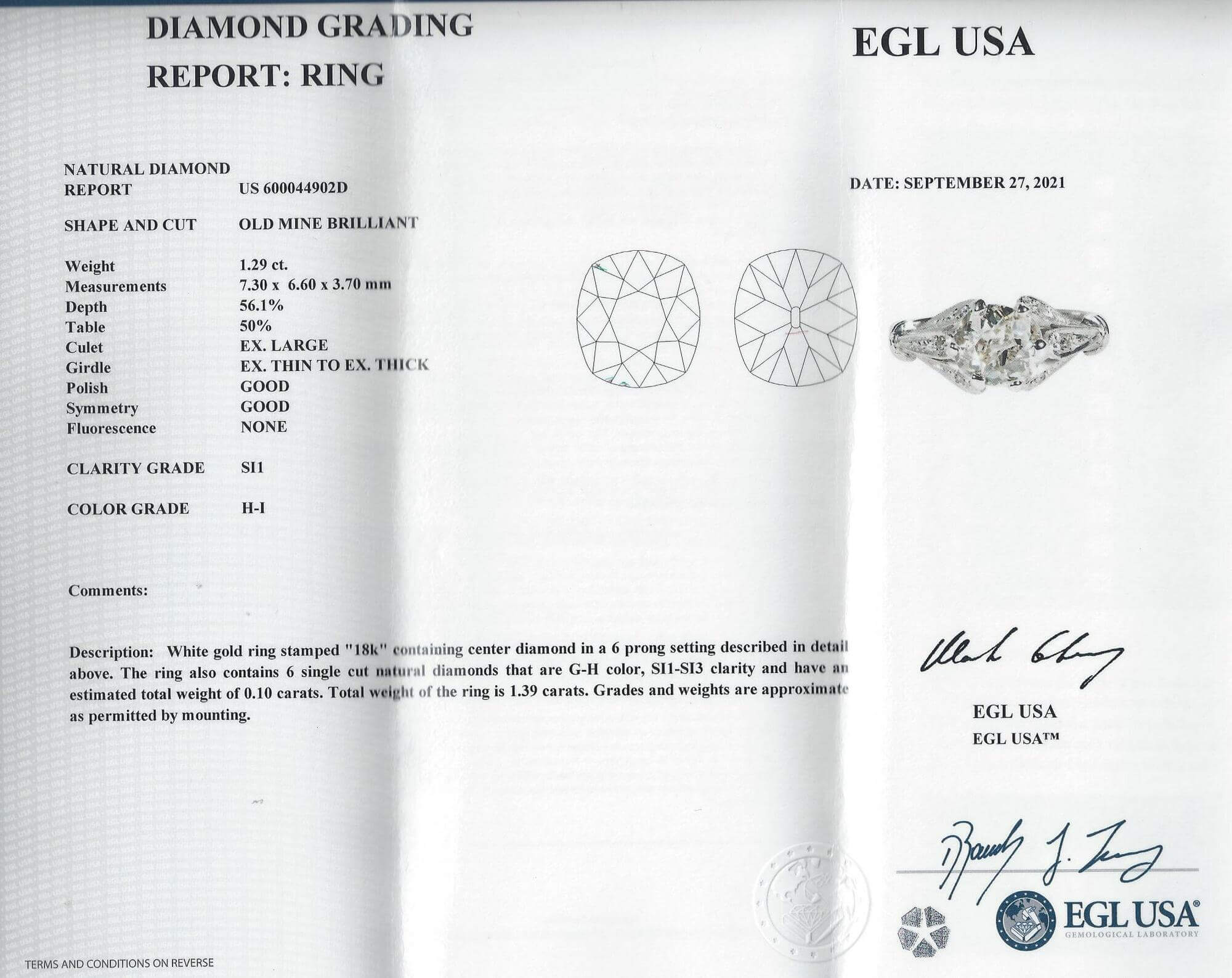 1.39c CERTIFIED H-I SI1 OLD MINE CUT DIAMOND ENGAGEMENT RING 18k VINTAGE ANTIQUE