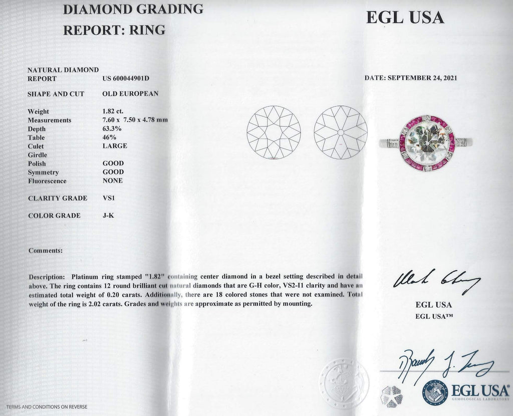 1.82ct CERT J-K VS1 OLD CUT DIAMOND ENGAGEMENT RING RUBY PLATINUM VINTAGE STYLE