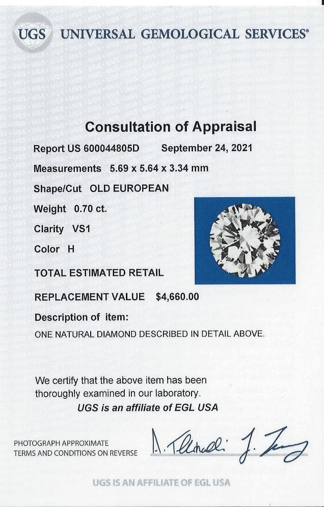 CERTIFIED H VS1 .70ct OLD EUROPEAN CUT DIAMOND VINTAGE ANTIQUE NATURAL 3/4 CARAT