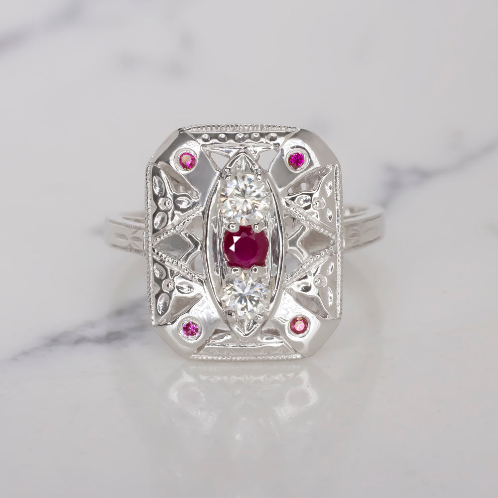 VINTAGE STYLE RUBY DIAMOND COCKTAIL RING ART DECO STYLE 14K WHITE GOLD NATURAL