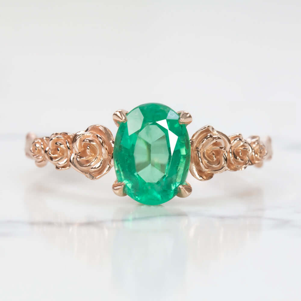 1.15ct OVAL CUT EMERALD RING FLOWER BRANCH 14k ROSE GOLD NATURAL GREEN COCKTAIL