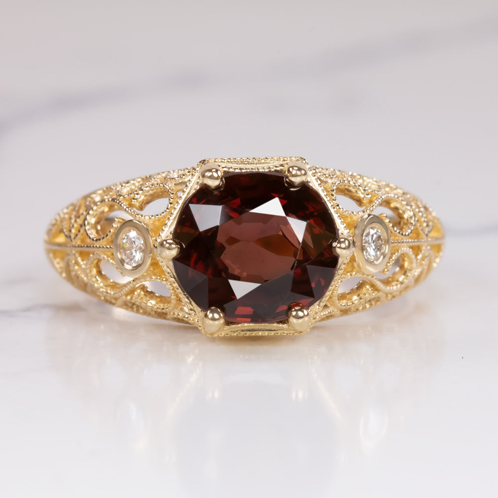 RED SPINEL DIAMOND COCKTAIL RING VINTAGE STYLE YELLOW GOLD FILIGREE ROUND CUT