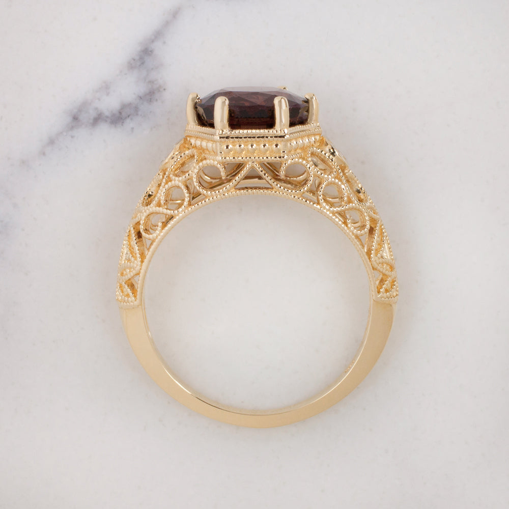 RED SPINEL DIAMOND COCKTAIL RING VINTAGE STYLE YELLOW GOLD FILIGREE ROUND CUT