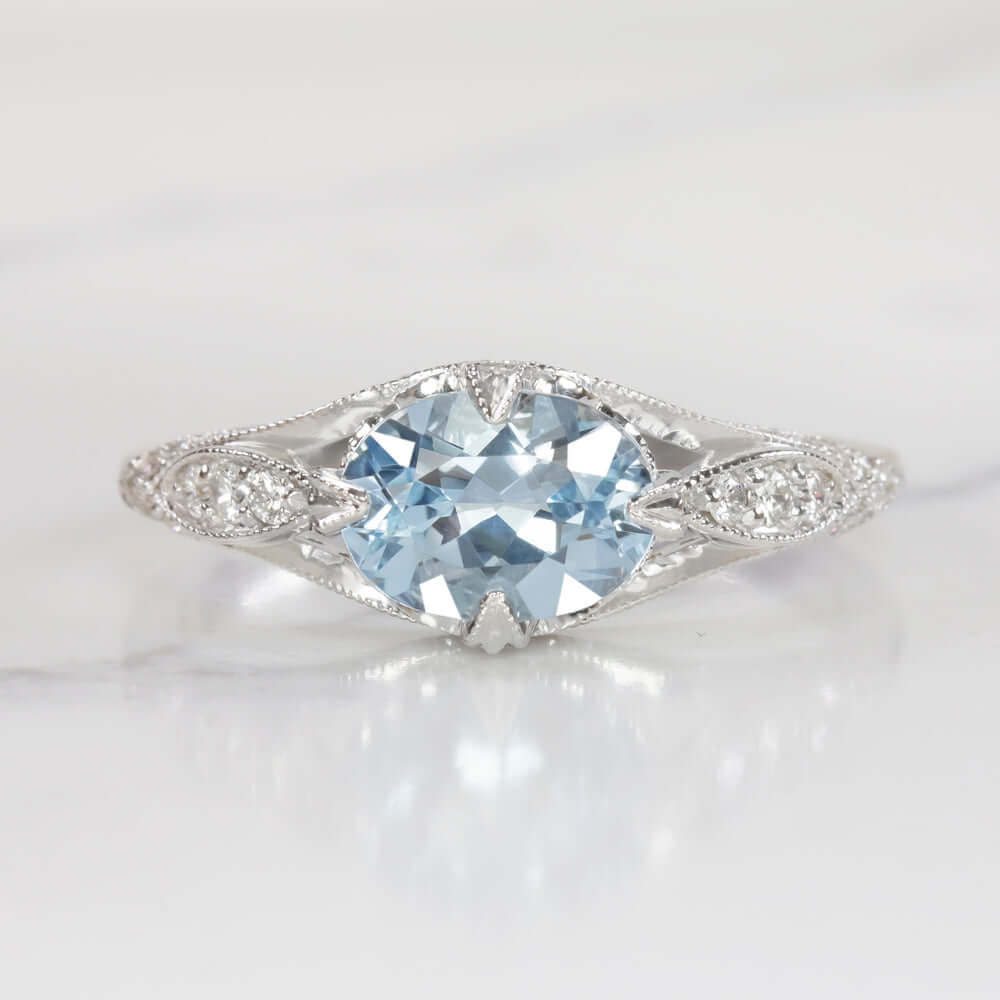 1ct NATURAL AQUAMARINE DIAMOND RING OVAL VINTAGE STYLE WHITE GOLD BLUE EAST WEST Ivy & Rose