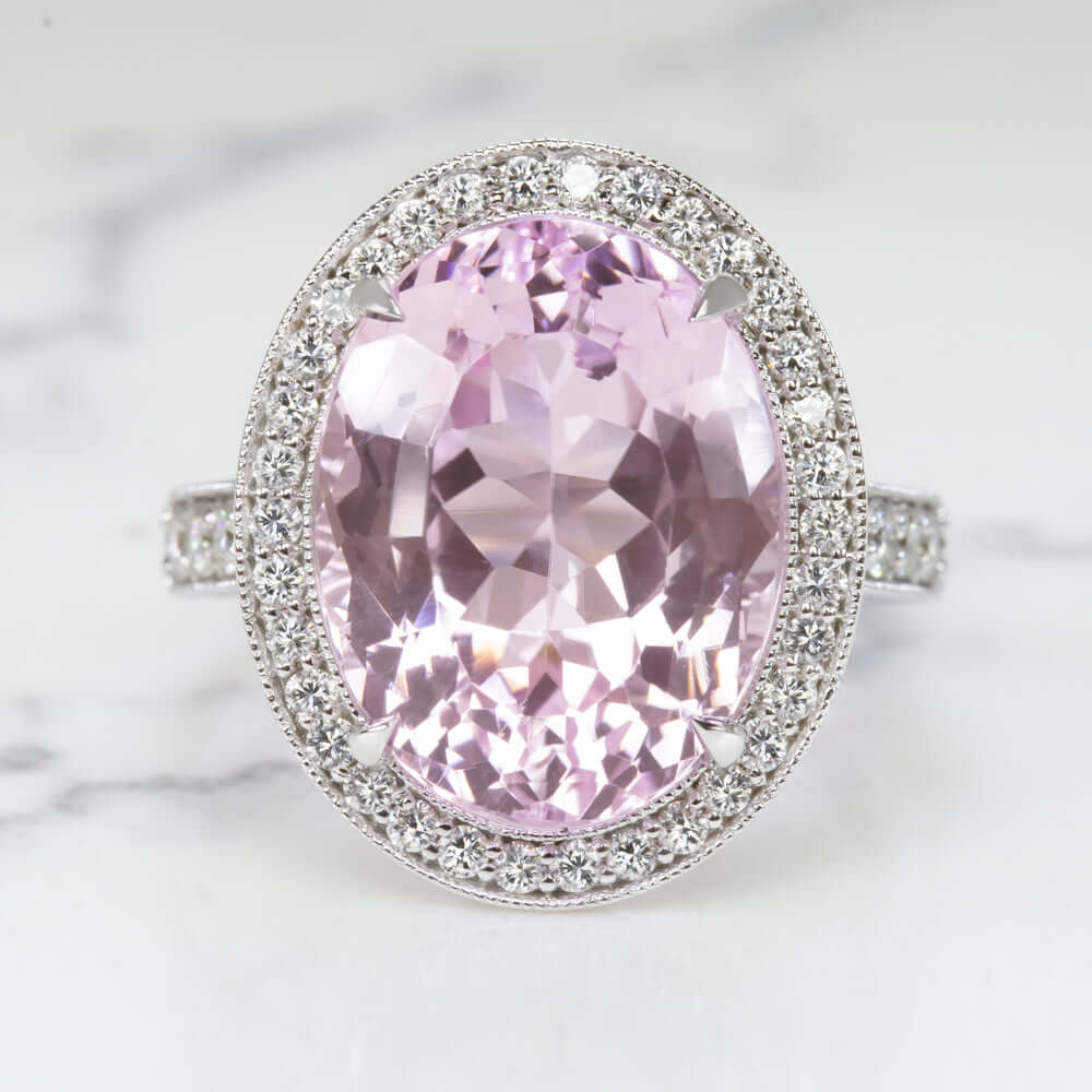 11.8ct KUNZITE DIAMOND COCKTAIL RING NATURAL BIG STATEMENT WHITE GOLD OVAL BIG