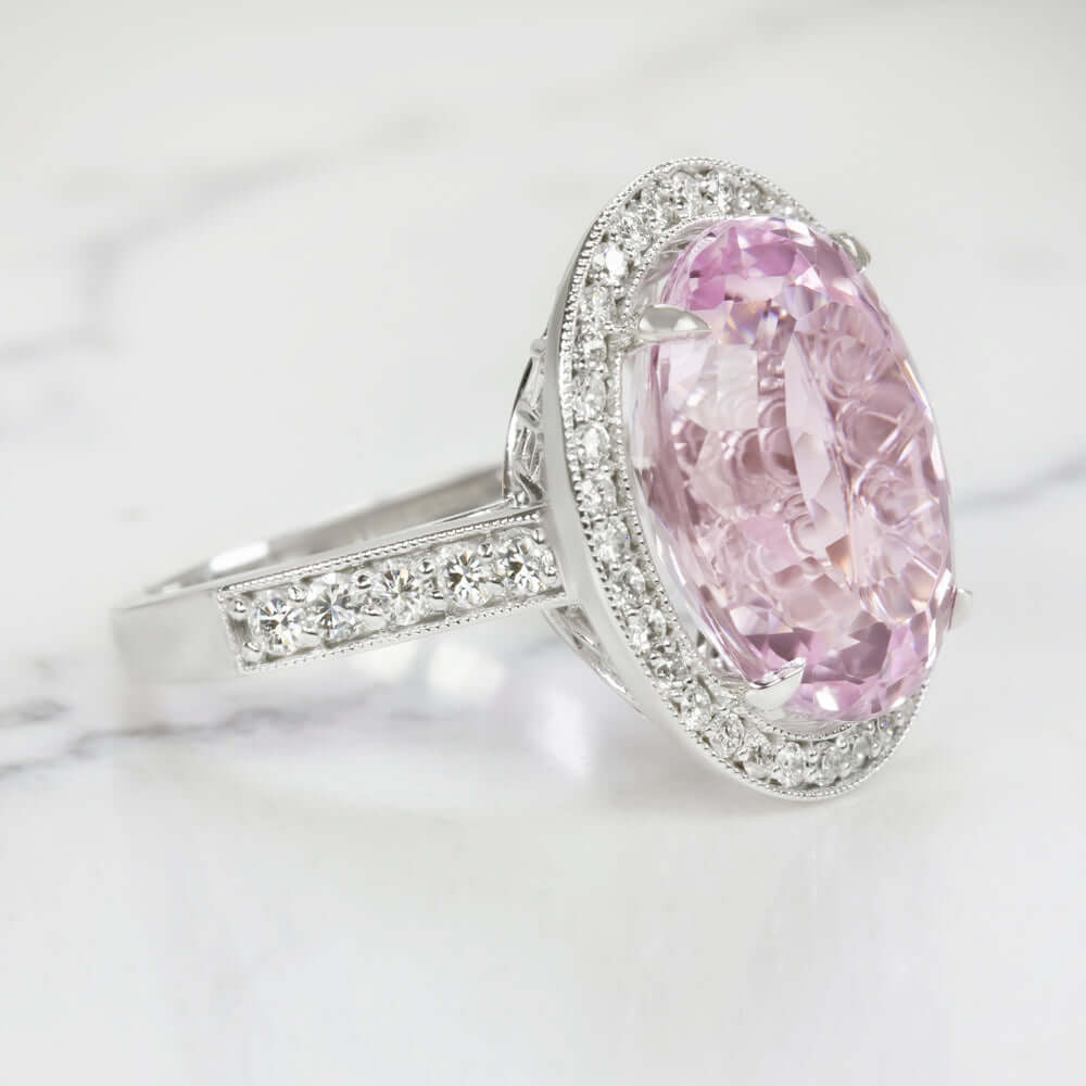 11.8ct KUNZITE DIAMOND COCKTAIL RING NATURAL BIG STATEMENT WHITE GOLD OVAL BIG