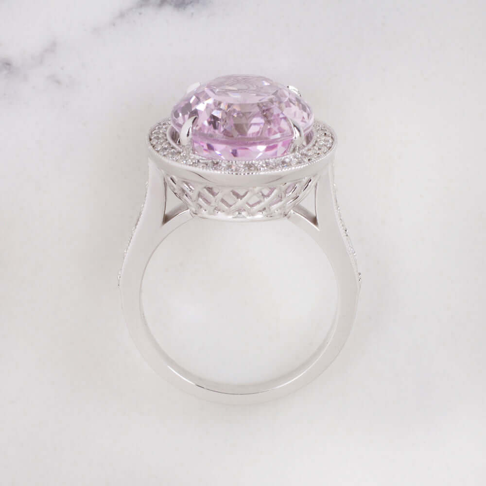 11.8ct KUNZITE DIAMOND COCKTAIL RING NATURAL BIG STATEMENT WHITE GOLD OVAL BIG