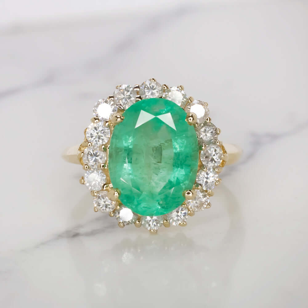 5.11ct EMERALD DIAMOND COCKTAIL RING HALO YELLOW GOLD NATURAL OVAL GREEN 5 CARAT