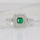EMERALD EXCELLENT CUT F-G VS DIAMOND COCKTAIL RING DOUBLE HALO 14k WHITE GOLD