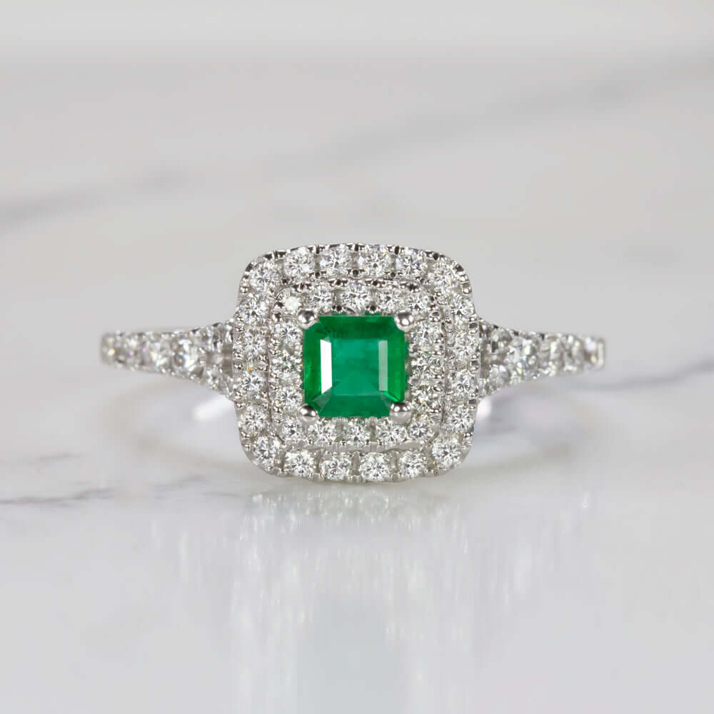 EMERALD EXCELLENT CUT F-G VS DIAMOND COCKTAIL RING DOUBLE HALO 14k WHITE GOLD