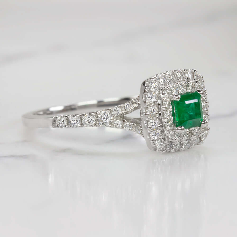 EMERALD EXCELLENT CUT F-G VS DIAMOND COCKTAIL RING DOUBLE HALO 14k WHITE GOLD