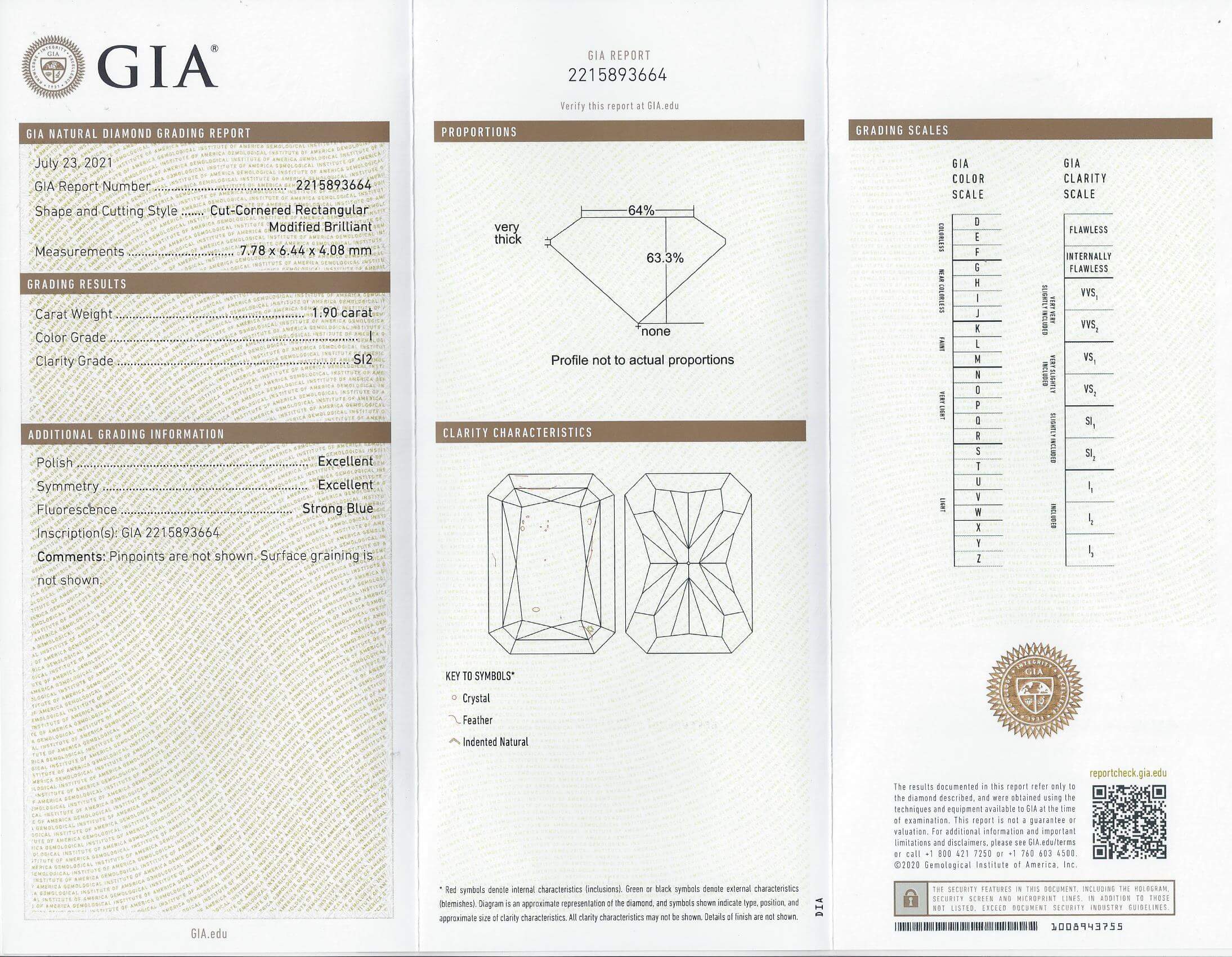 1.90c GIA CERTIFIED I SI2 RADIANT CUT DIAMOND LOOSE ENGAGEMENT ELONGATED NATURAL