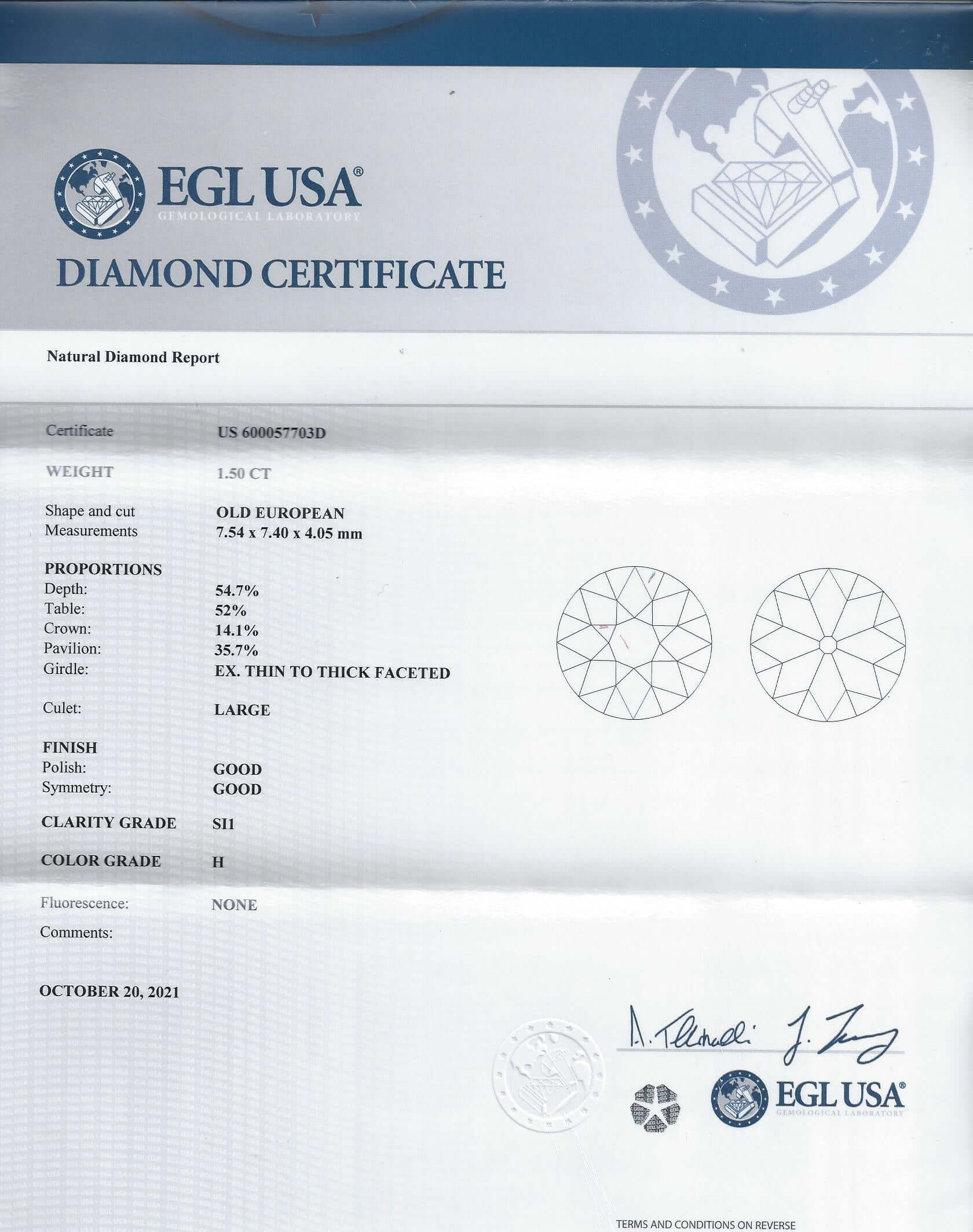 1.5 CARAT 7.5mm CERTIFIED H SI1 VINTAGE DIAMOND OLD EUROPEAN CUT ANTIQUE LOOSE