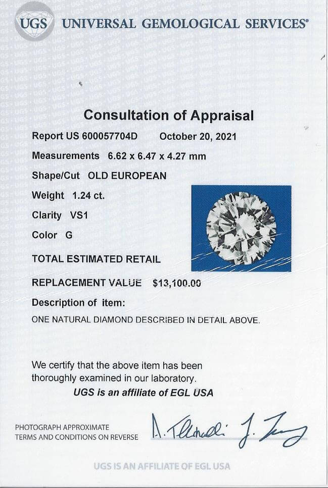 1.24ct CERTIFIED G VS1 OLD EUROPEAN CUT DIAMOND VINTAGE ANTIQUE LOOSE 1.25 CARAT
