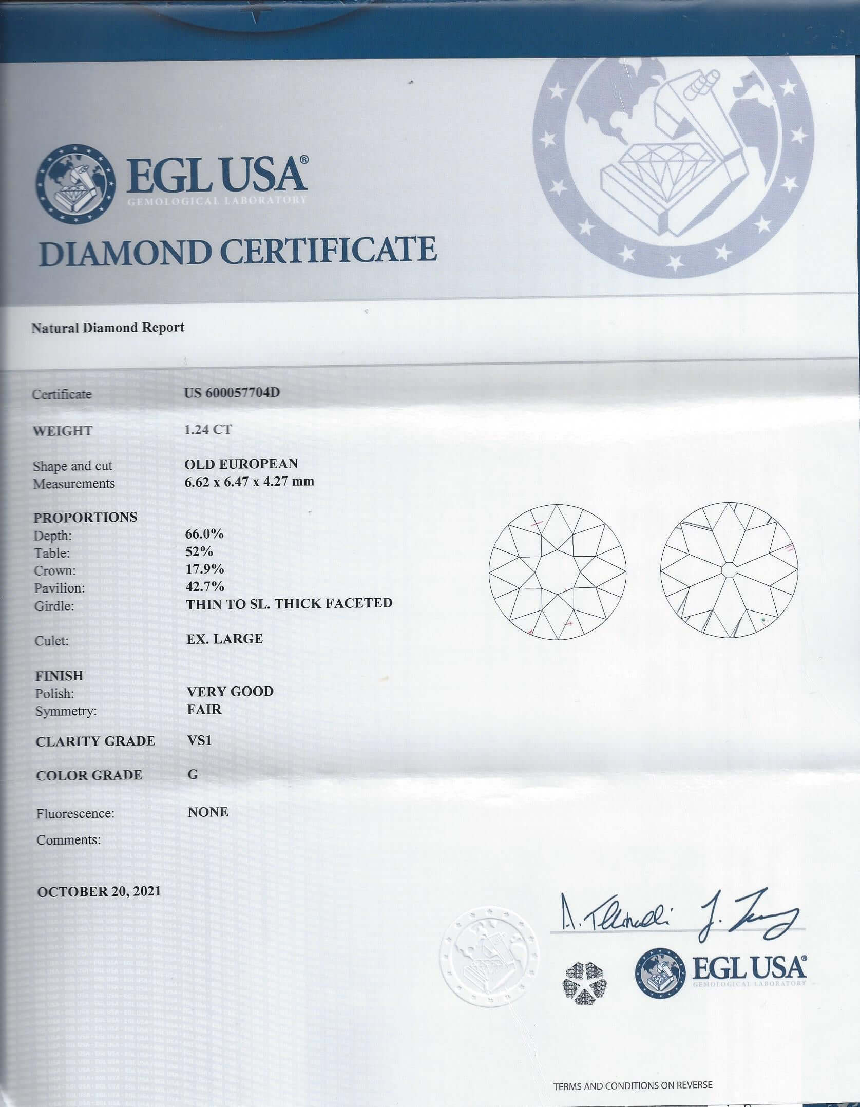 1.24ct CERTIFIED G VS1 OLD EUROPEAN CUT DIAMOND VINTAGE ANTIQUE LOOSE 1.25 CARAT