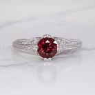 RHODOLITE GARNET RING VINTAGE STYLE BOTANICAL ENGRAVING 14k WHITE GOLD RED ROUND Ivy & Rose