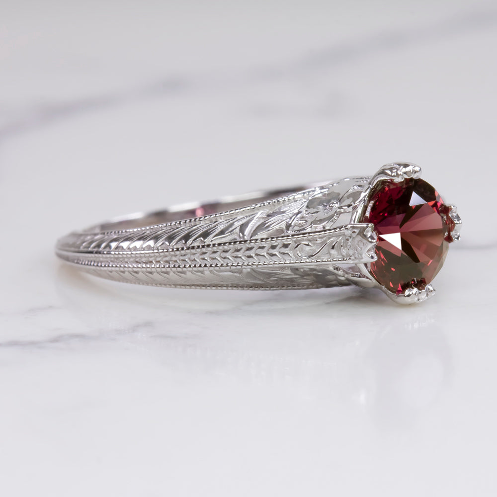 RHODOLITE GARNET RING VINTAGE STYLE BOTANICAL ENGRAVING 14k WHITE GOLD RED ROUND Ivy & Rose