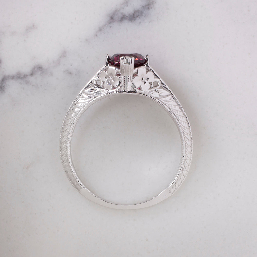 RHODOLITE GARNET RING VINTAGE STYLE BOTANICAL ENGRAVING 14k WHITE GOLD RED ROUND Ivy & Rose