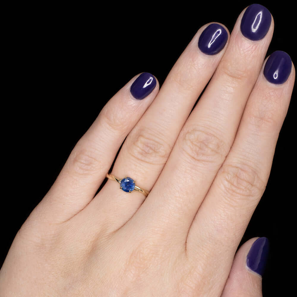 BLUE SAPPHIRE SOLITAIRE RING 14k YELLOW GOLD TWIST ROUND CUT NATURAL COCKTAIL