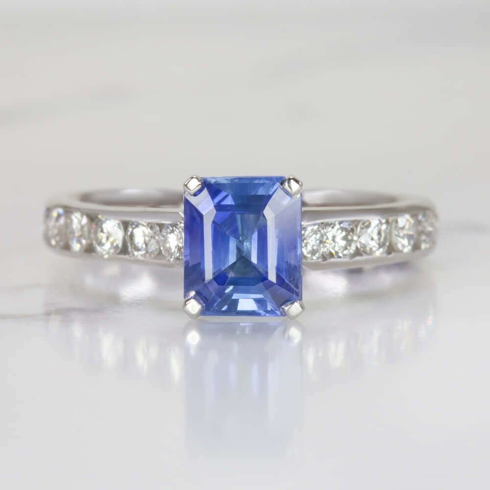 1.73ct SAPPHIRE NATURAL DIAMOND RING EMERALD CUT 14k WHITE GOLD COCKTAIL NATURAL