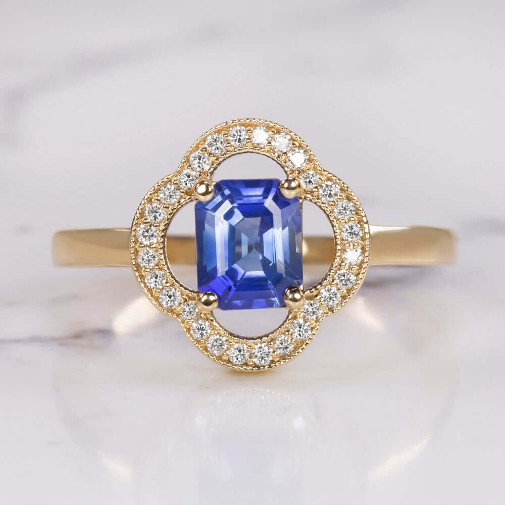 1ct SAPPHIRE DIAMOND RING FLORAL CLOVER 14k YELLOW GOLD NATURAL EMERALD CUT BLUE