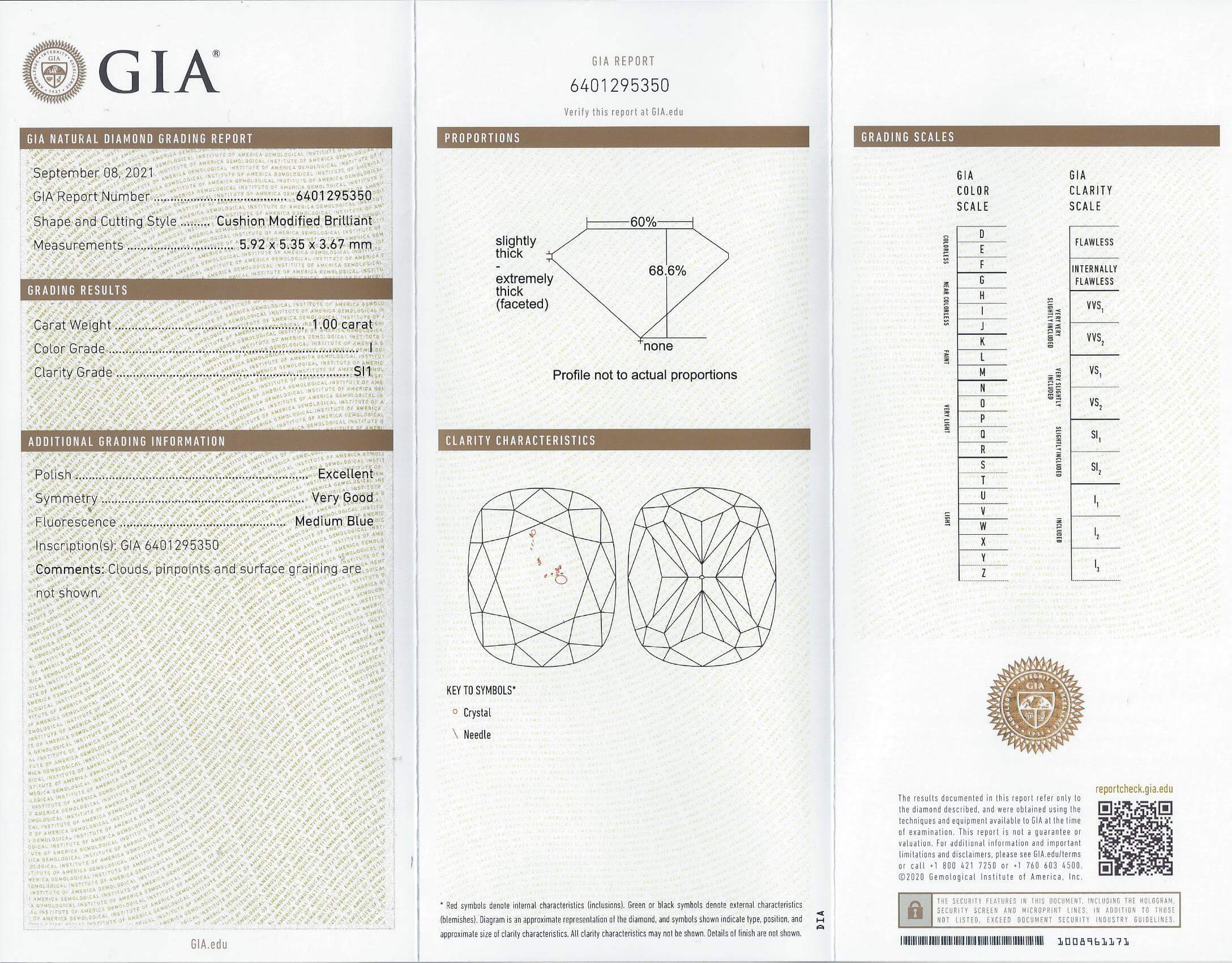 1 CARAT GIA CERTIFIED CUSHION CUT DIAMOND I SI1 LOOSE NATURAL ENGAGEMENT 1ct
