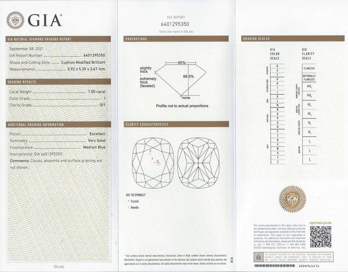 1 CARAT GIA CERTIFIED CUSHION CUT DIAMOND I SI1 LOOSE NATURAL ENGAGEMENT 1ct
