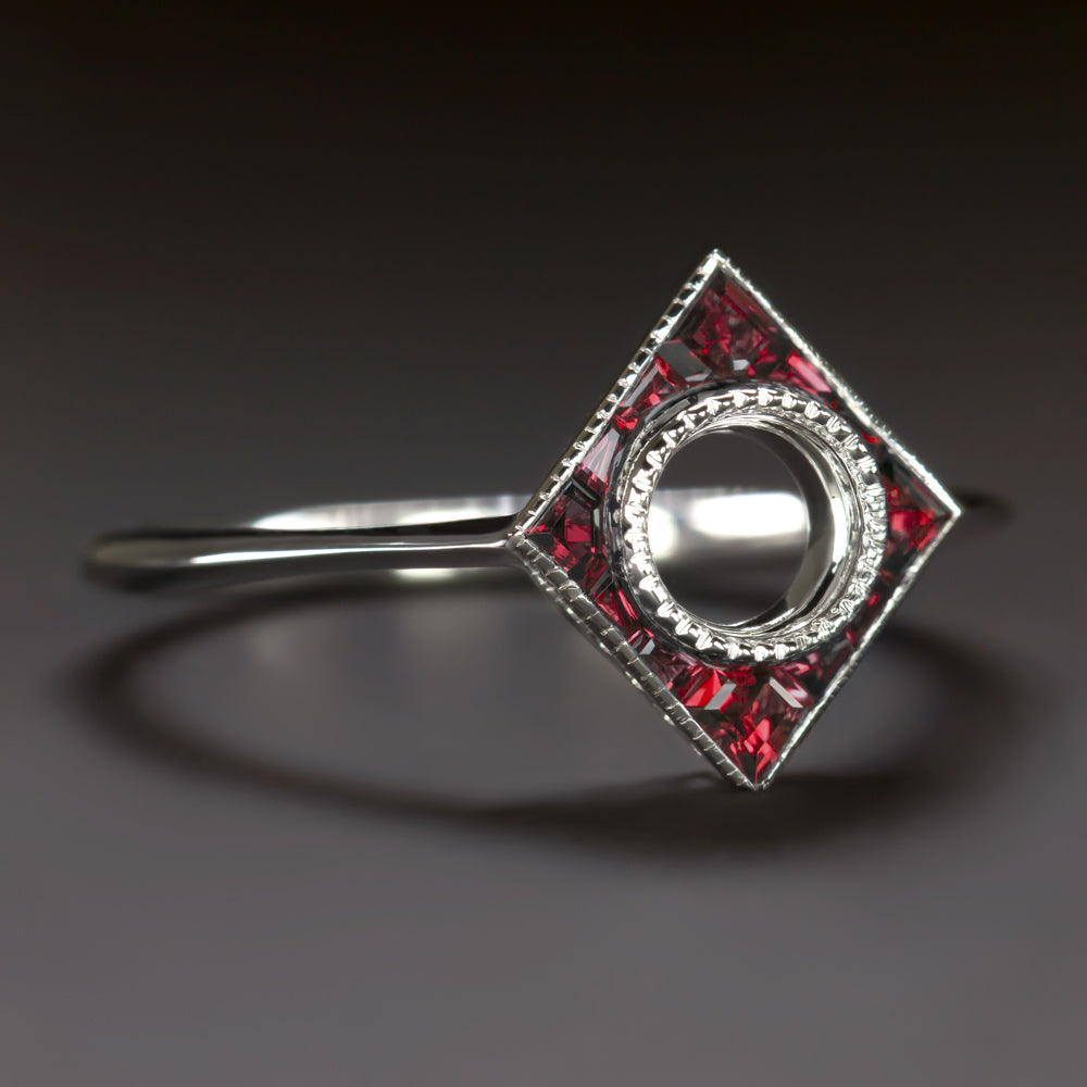 RUBY 5mm ROUND ENGAGEMENT RING SETTING SEMI MOUNT ART DECO STYLE CALIBRE CUT