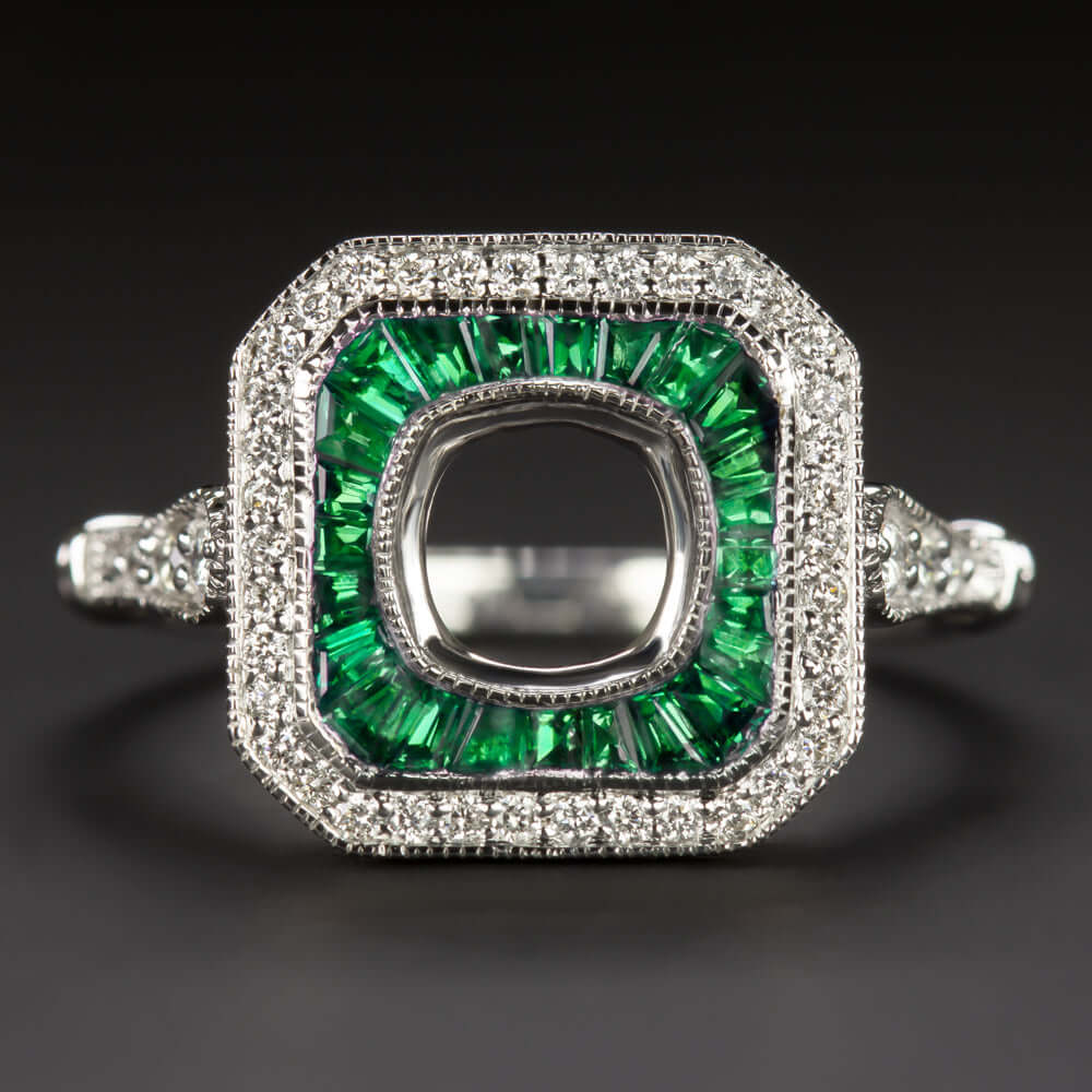 Vintage Diamond Floral Halo Cushion Emerald Engagement Ring 14K White Gold
