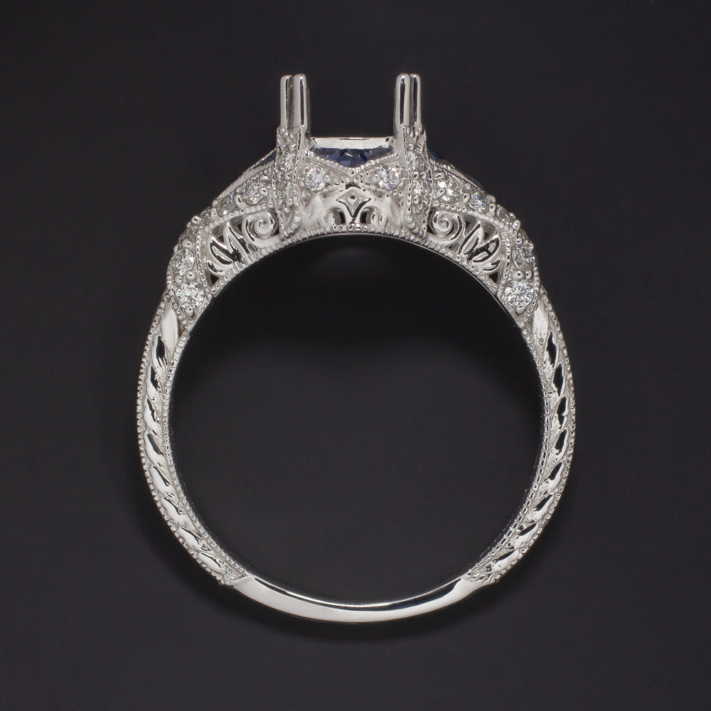 SAPPHIRE DIAMOND 6.5mm 7mm ROUND ENGAGEMENT RING SETTING VINTAGE STYLE ART DECO