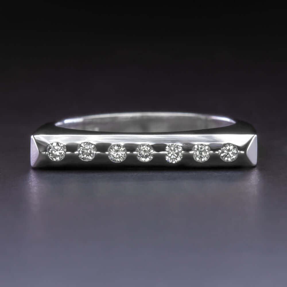 DIAMOND 14k WHITE GOLD SQUARE BAR RING MINIMALIST COCKTAIL BAND SLEEK FLUSH SET