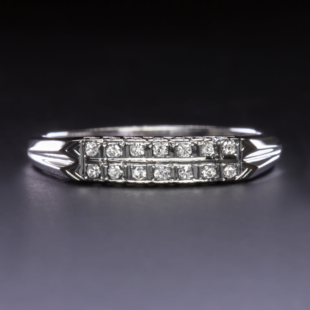 VINTAGE DIAMOND WEDDING RING DOUBLE ROW 14K WHITE GOLD STACKING BAND ESTATE