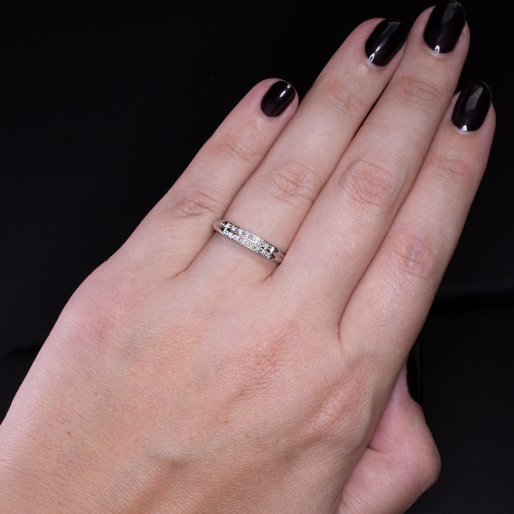 VINTAGE DIAMOND WEDDING RING DOUBLE ROW 14K WHITE GOLD STACKING BAND ESTATE