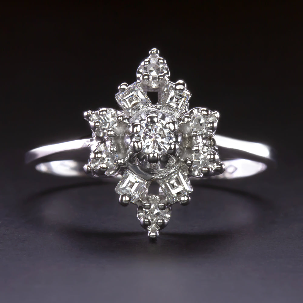 VINTAGE NATURAL DIAMOND CLUSTER RING 14k WHITE GOLD CARRE CUT COCKTAIL ESTATE