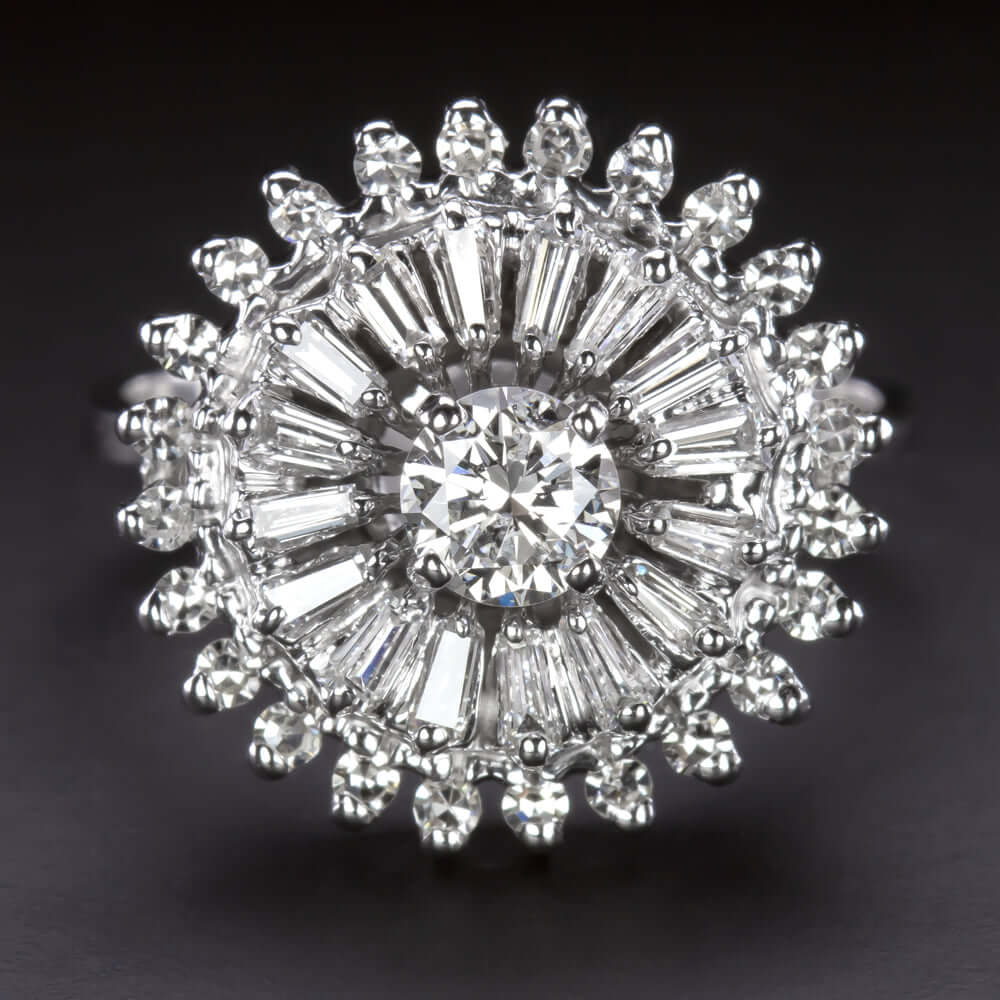 1.40ct DIAMOND VINTAGE COCKTAIL RING HALO CLUSTER 14k WHITE GOLD ESTATE RETRO