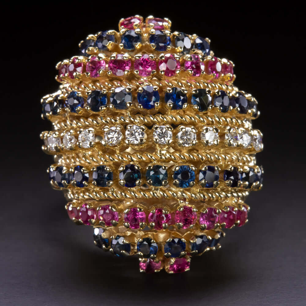 3 CARAT DIAMOND RUBY SAPPHIRE VINTAGE COCKTAIL RING BIG STATEMENT DOMED GOLD 3ct