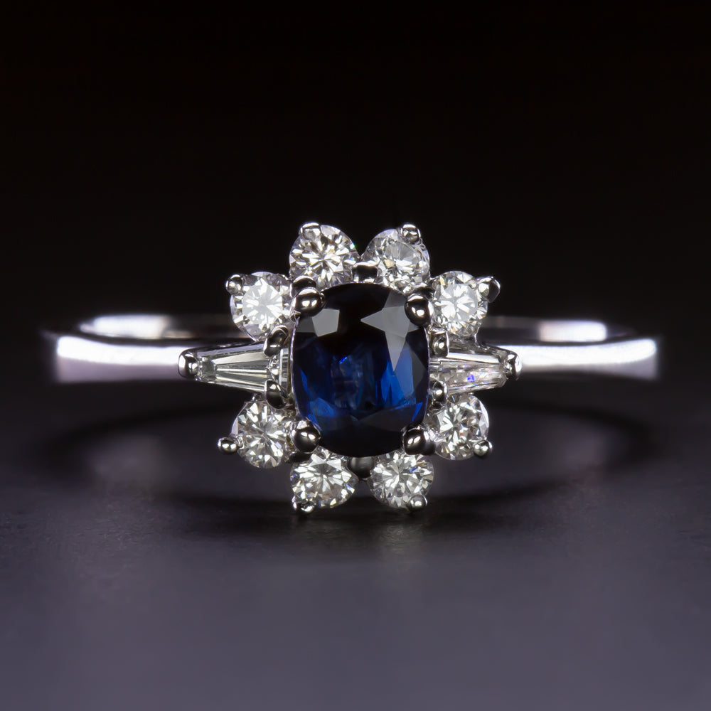 NATURAL SAPPHIRE DIAMOND COCKTAIL RING HALO 18K WHITE GOLD OVAL CUT ESTATE BLUE