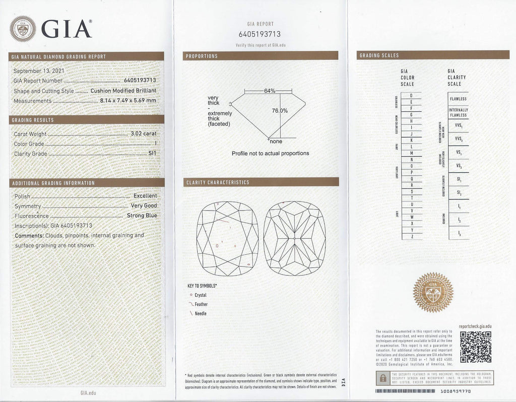 3 CARAT GIA CERTIFIED CUSHION CUT DIAMOND I SI1 LOOSE NATURAL ENGAGEMENT 3.02ct Ivy & Rose