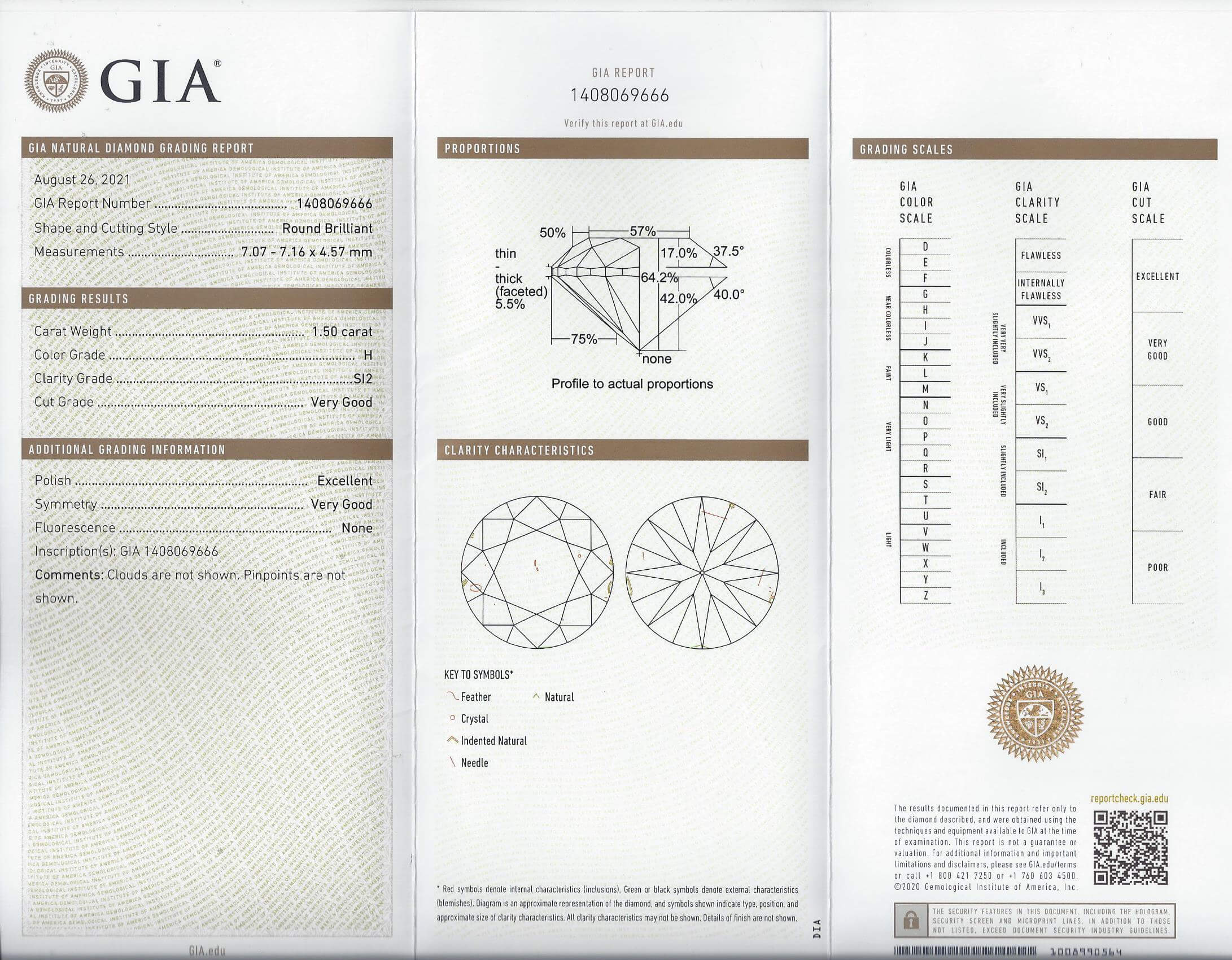 1.5 CARAT GIA CERTIFIED EXCELLENT CUT DIAMOND H SI2 IDEAL ROUND BRILLIANT LOOSE