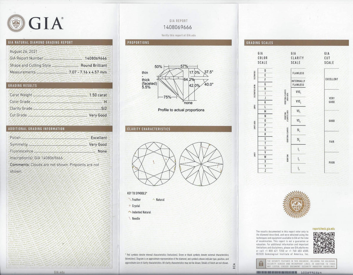 1.5 CARAT GIA CERTIFIED EXCELLENT CUT DIAMOND H SI2 IDEAL ROUND BRILLIANT LOOSE